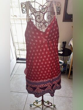 No Boundaries Red Printed Sundress with Cream Crochet Trim